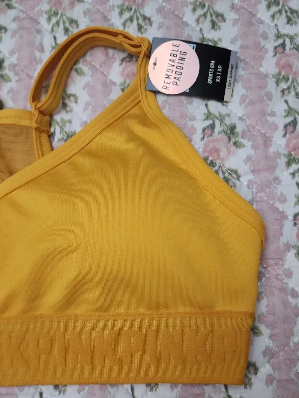 NWT PINK Ultimate Yellow Embossed Logo Crop Sports Bra XS XP